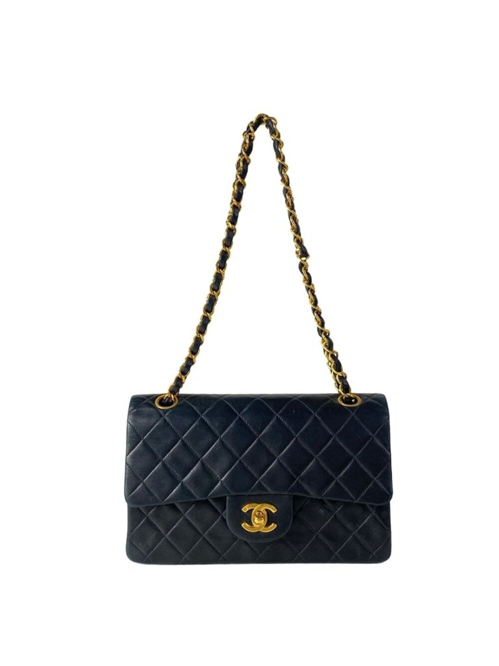 Chanel Shoulder Bag Double Flap Quilted Black Chain Gold Lambskin